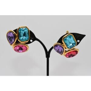 Vintage Trifari TM Clip Earrings Pink Purple Blue Rhinestones Gold Tone